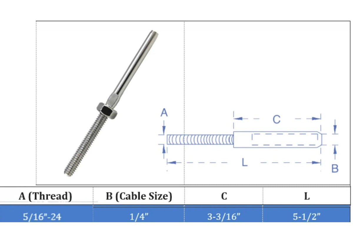 Threaded Cable Design T316 Stainless Steel Swage Threaded End Fittings 1/4